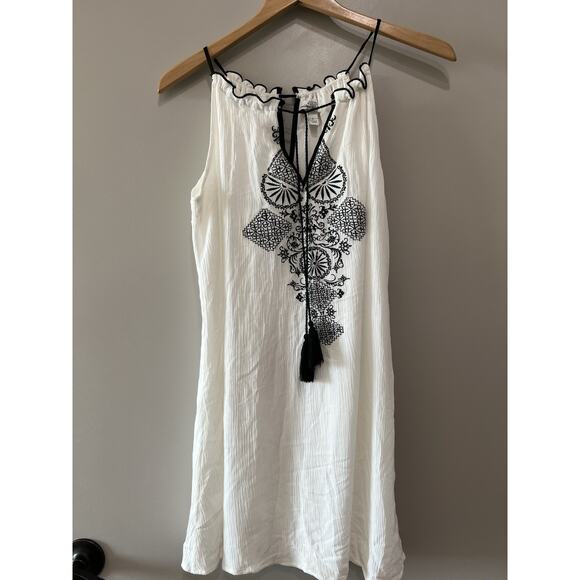 Y2K Crinkle Gauze Embroidered Tassel Halter Top Swim cover White Boho festive L - Picture 2 of 8